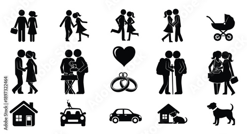 Black silhouette icons depicting relationships relationships love family and home life on a white background representing marriage travel and daily activities