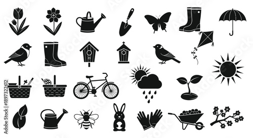 Collection of black gardening and outdoor icons on white background including plants tools animals and weather symbols for design use