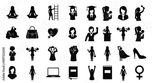 Collection of black silhouettes representing women empowerment lifestyle and daily activities on white background