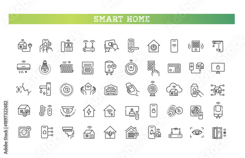 Smart home line icons set with home automation and domotics symbols