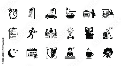 Daily life icons set productivity routine and leisure activities symbols