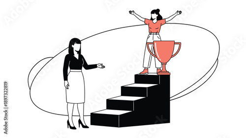 Two women celebrating success with trophy on stairs to achievement