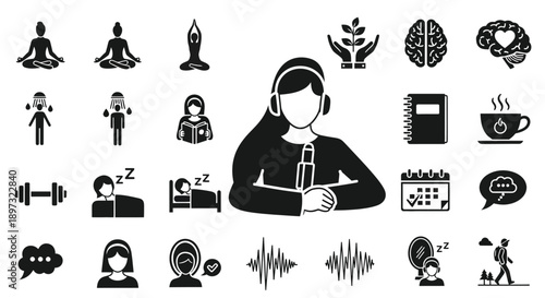 Black and white illustration of a woman wearing headphones surrounded by various icons representing wellness productivity and communication on a white background with a central