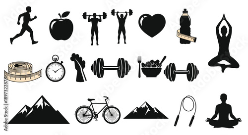 Fitness and wellness icons including running yoga cycling and healthy eating on white background for healthy lifestyle concepts