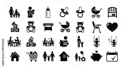 Collection of black baby and parenting icons on white background including baby gear nursery items and family symbols