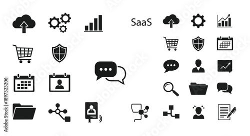 Black saas icons set including business security and communication symbols on white background for software and technology concepts