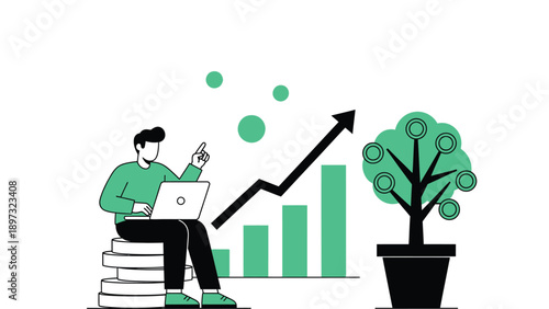 Man sitting on stack of books with laptop analyzing growth chart and money tree