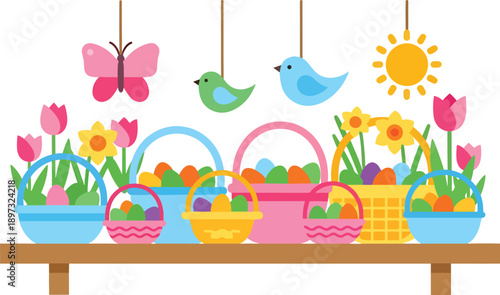 Easter basket display with spring birds flat vector illustration