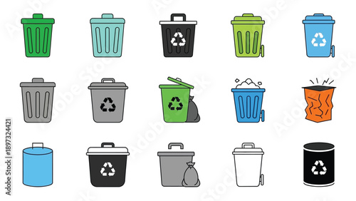 Colorful trash cans and recycling bins for waste management and eco friendly practices