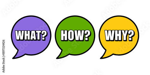 Colorful speech bubbles with what how why questions  chat icons