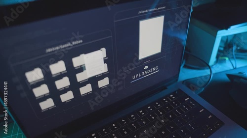 Laptop computer on office desk uploading top secret classified files onto server. Remote access of government spy agency sensitive document archive. Stolen by hacker security breach cybercrime thief