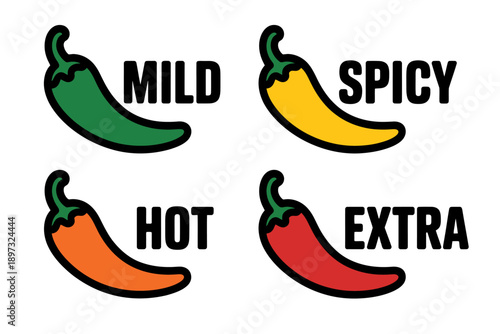 Colored chili pepper icons with mild spicy hot and extra labels
