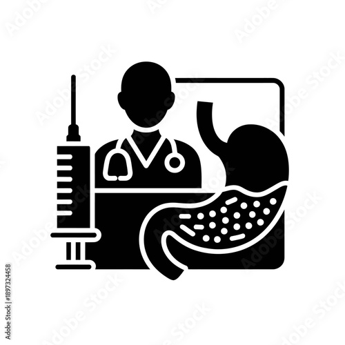 Doctor with stethoscope and syringe beside human digestive system  medical health concept