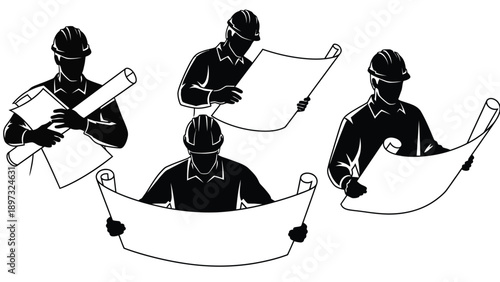 Four construction workers in hard hats holding blueprints and a large scroll
