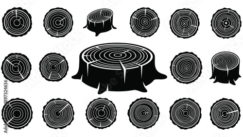 Black and white illustration of tree stumps with growth rings