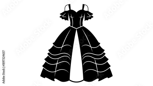 Elegant black evening gown with white lines on a plain background