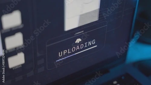 Close up on computer screen progress bar uploading files and docs to cloud. Stealing information from remote government agency server or archive. Top secret classified reports copying into folder