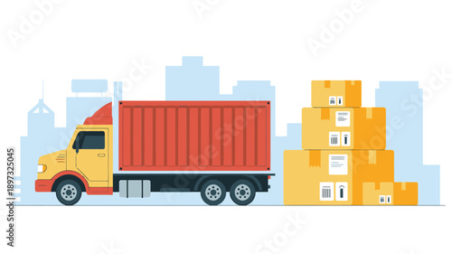 Cargo truck with stacked boxes on city background for delivery and logistics concept