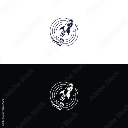 A sleek rocket launching upwards from a financial ledger, encircled by dynamic arrows, powerfully symbolizes accelerated business growth, startup success, and rapid financial progress.
