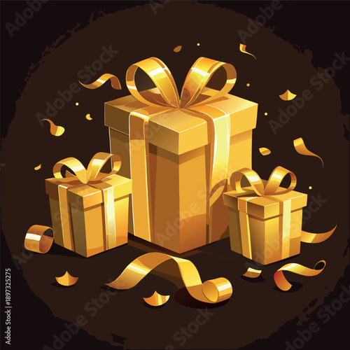 Golden red green gift boxes with shiny ribbons, festive decoration