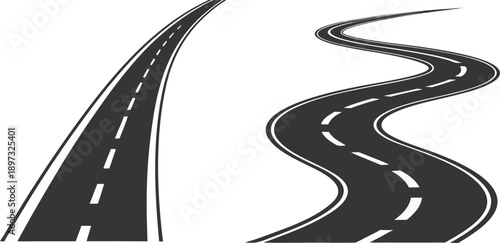 Two stylized depictions of roads are presented against a transparent background. The first road, positioned on the left side of the image, is a straight, black asphalt highway receding into the distan