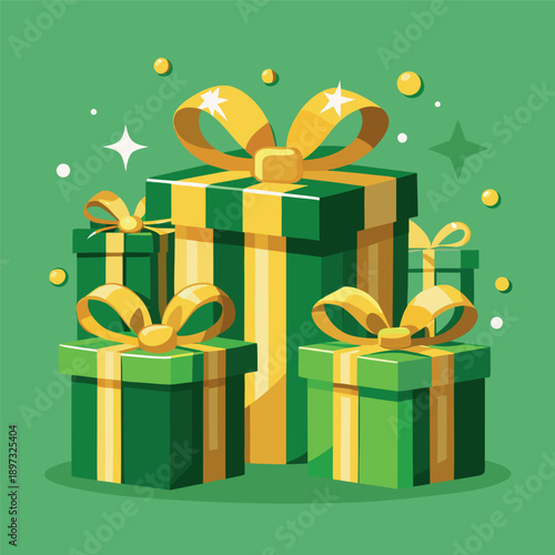 Golden red green gift boxes with shiny ribbons, festive decoration