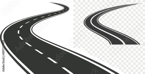 Two stylized depictions of roads are presented against a transparent background. The first road, positioned on the left side of the image, is a straight, black asphalt highway receding into the distan