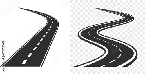 Two stylized depictions of roads are presented against a transparent background. The first road, positioned on the left side of the image, is a straight, black asphalt highway receding into the distan