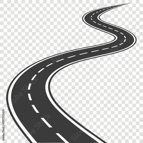 Two stylized depictions of roads are presented against a transparent background. The first road, positioned on the left side of the image, is a straight, black asphalt highway receding into the distan