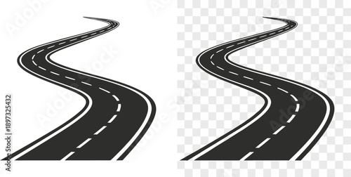 Two stylized depictions of roads are presented against a transparent background. The first road, positioned on the left side of the image, is a straight, black asphalt highway receding into the distan
