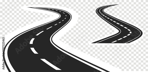 Two stylized depictions of roads are presented against a transparent background. The first road, positioned on the left side of the image, is a straight, black asphalt highway receding into the distan