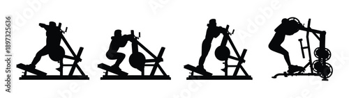 Man exercising with squat machine silhouette set isolated on white background vector illustration
