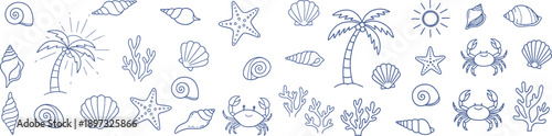 Hand-drawn minimalist marine and tropical beach elements set. Line art vector illustrations of seashells, starfish, crabs, sun, and palm trees, ideal for summer vacation designs