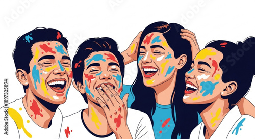 Four friends laughing with colorful paint on their faces and clothes enjoying a fun moment together
