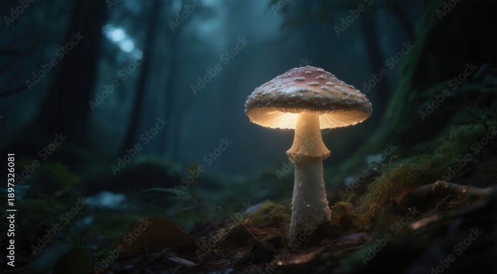 Fototapeta premium Glowing mushroom illuminating dark