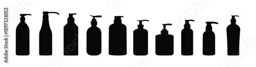 Pump bottle silhouette set isolated on white background vector illustration.