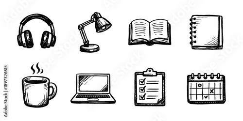 Office workspace sketch icon collection in black. Set of desk, lamp, notebook and work tools icons in doodle style