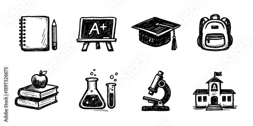 Science education sketch icon collection in black. Set of books, laboratory glassware, microscope and school building icons in doodle style