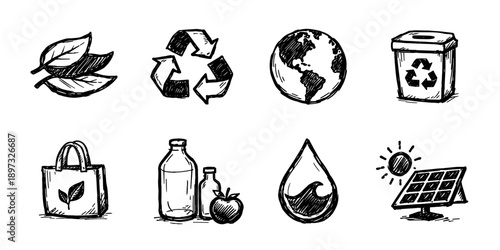 Recycle sketch icon collection in black. Set of recycle arrows, trash bin, bottle, can, paper, plastic, reuse and waste icons in doodle style
