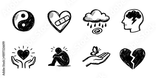 Mental health sketch icon collection in black. Set of yin yang, healing heart, stress cloud, mind, care hands, sadness and broken heart icons in doodle style