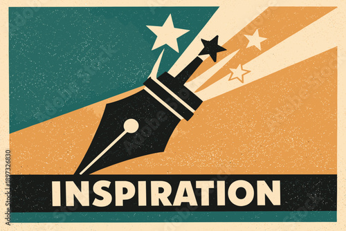 Inspiration poster vector artwork. Fountain pen releasing stars as a symbol of imagination and creative flow