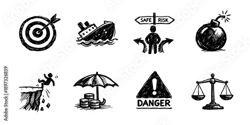 Risk management sketch icon collection in black. Set of safety, decision, danger and balance icons in doodle style