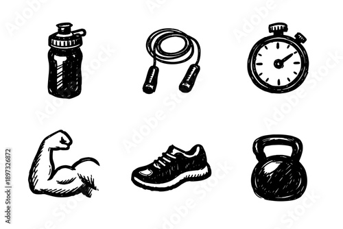 Fitness training sketch icon collection in black. Set of water bottle, jump rope, stopwatch, muscle arm, sneaker and kettlebell icons in doodle style