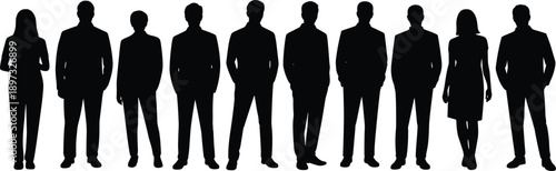 Professional business team silhouettes standing in a row, corporate diversity concept, formal attire, unity and leadership in workplace, isolated on white background