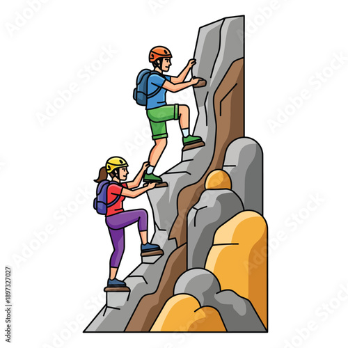 Man and woman climbing rocky cliff together.