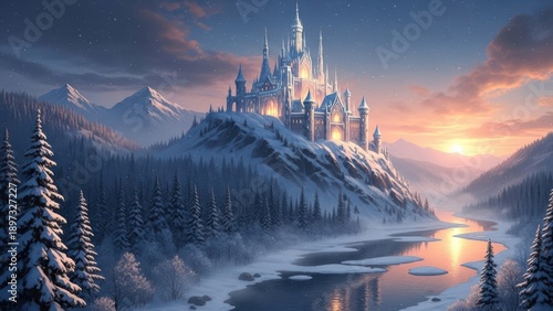 Magic Castle in a winter wonderland. Fantasy snowy landscape. Winter castle on the mountain, winter forest 