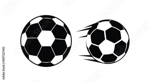 Two soccer balls one in motion presented as a bold silhouette