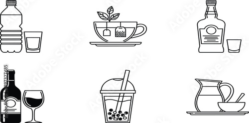 Beverage drink line icon set featuring water bottle tea cup whiskey bottle wine glass bubble tea and juice pitcher symbolsBeverage drink line icon set featuring water bottle tea 