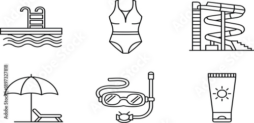 Swimming pool summer vacation line icon set featuring water slide swimsuit sunblock goggles snorkel beach umbrella and pool ladder iconsSwimming pool summer vacation 