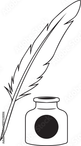 Quill and Ink Bottle Illustration in Black and White — Ideal for Educational Editorials, Historical Writing Themes, and Literary School Branding